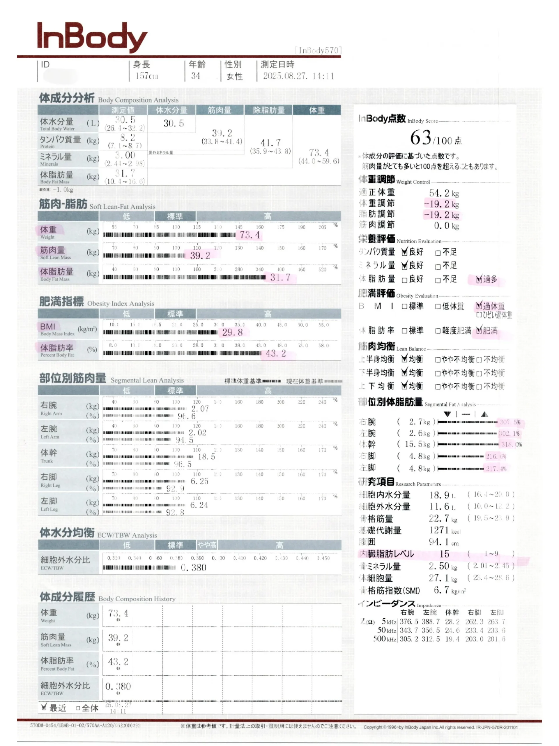 症例No.00190 InBody(体組成)計測結果(施術前)