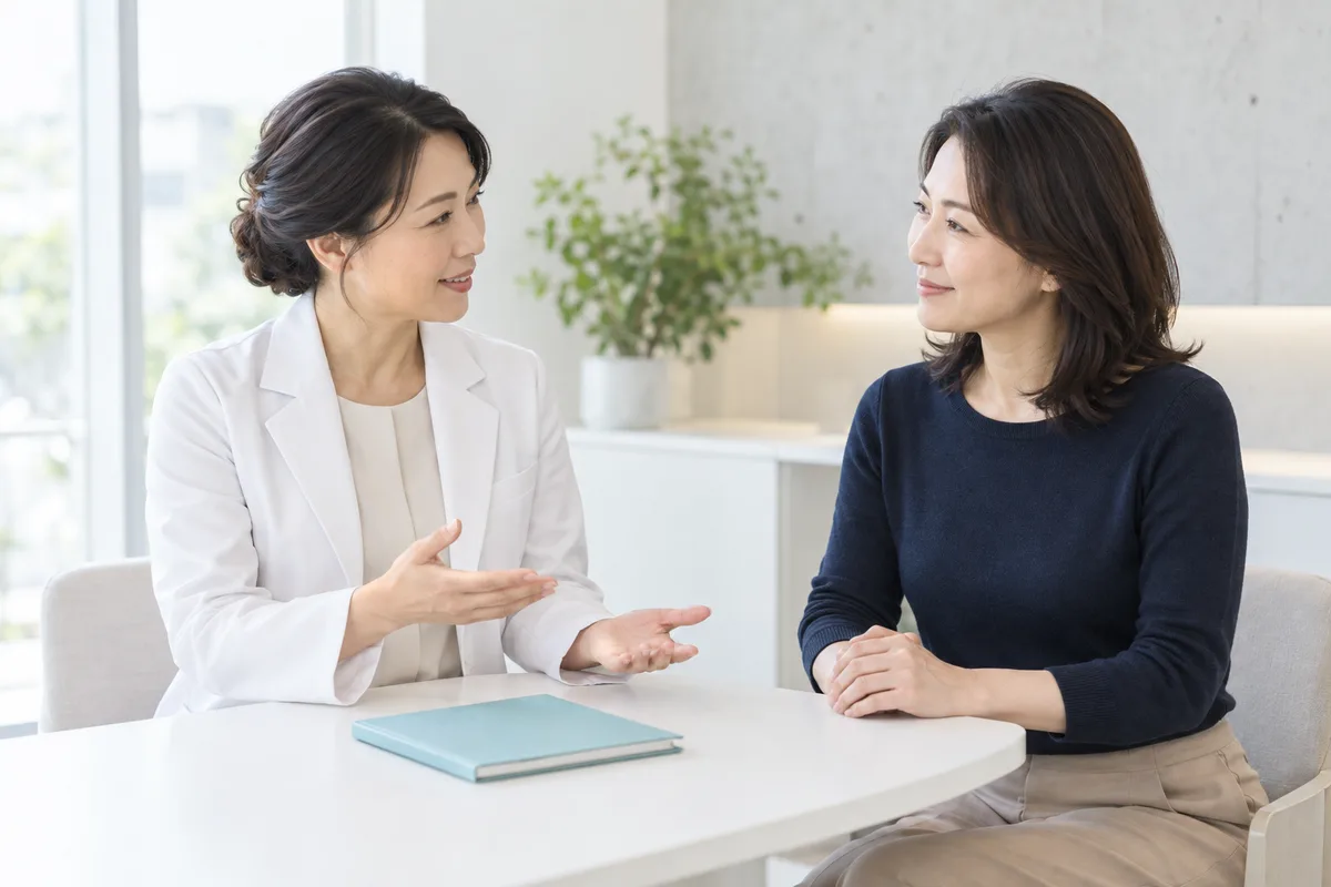 診察室で医師に相談する女性