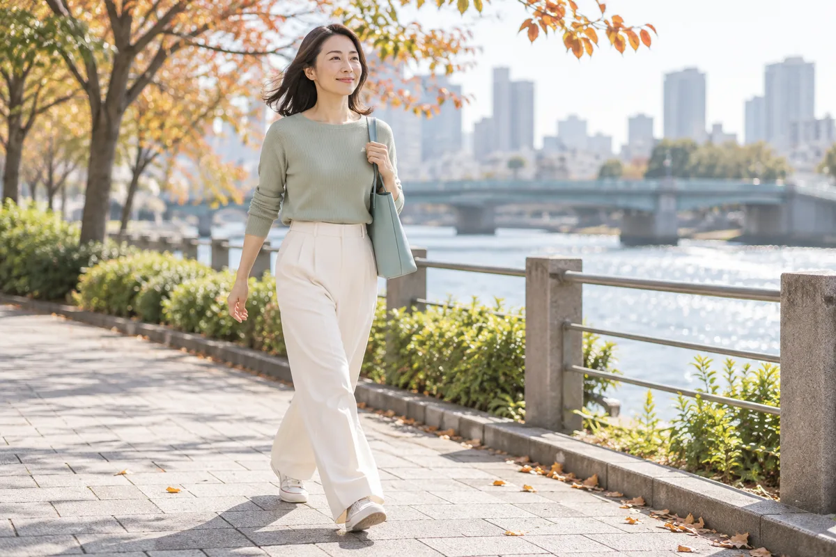 川沿いの並木道をウォーキングする女性