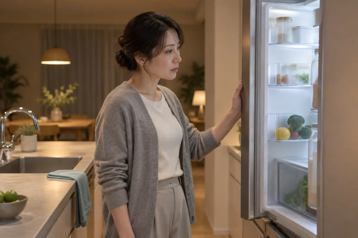 冷蔵庫を開けてのぞく女性
