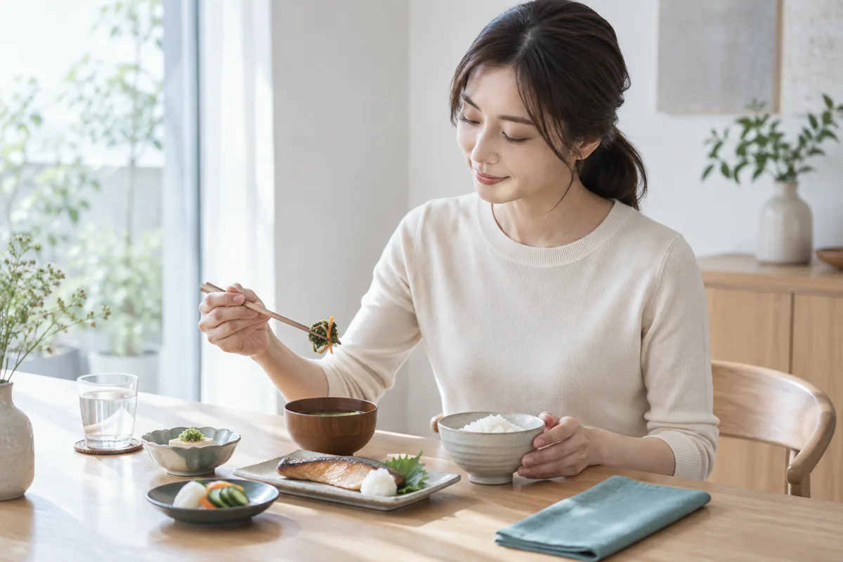 朝食を食べる女性