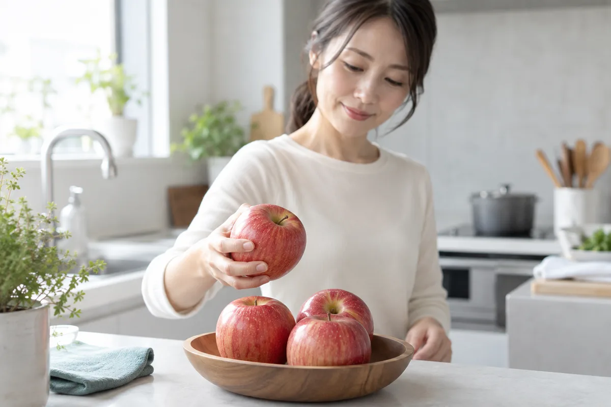 りんごを手に取る女性とボウルに並んだりんご