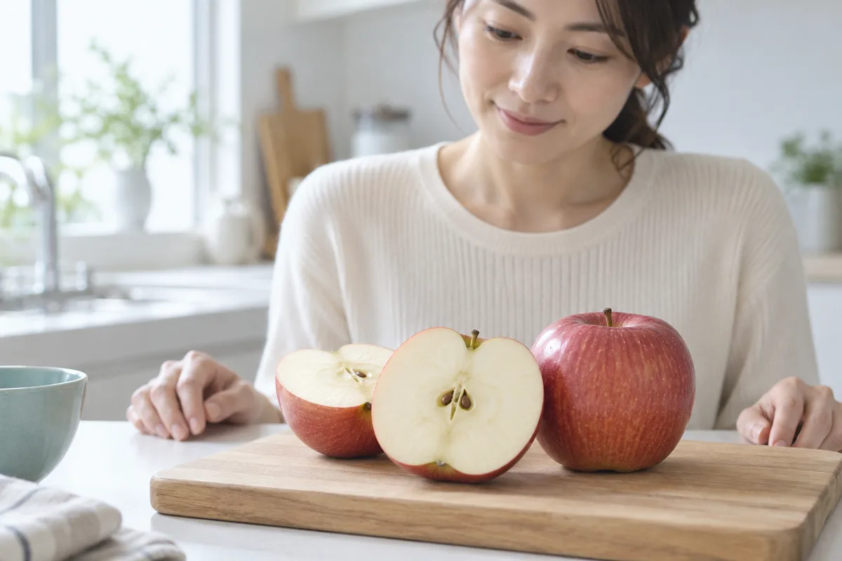 カットしたりんごの断面と丸ごとのりんごを並べたまな板