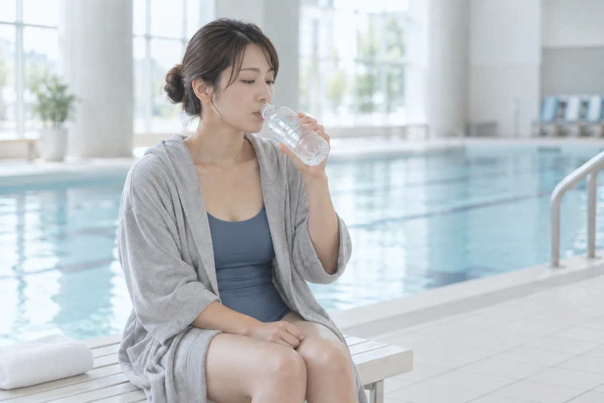 陸上を歩く女性と水辺のイメージ