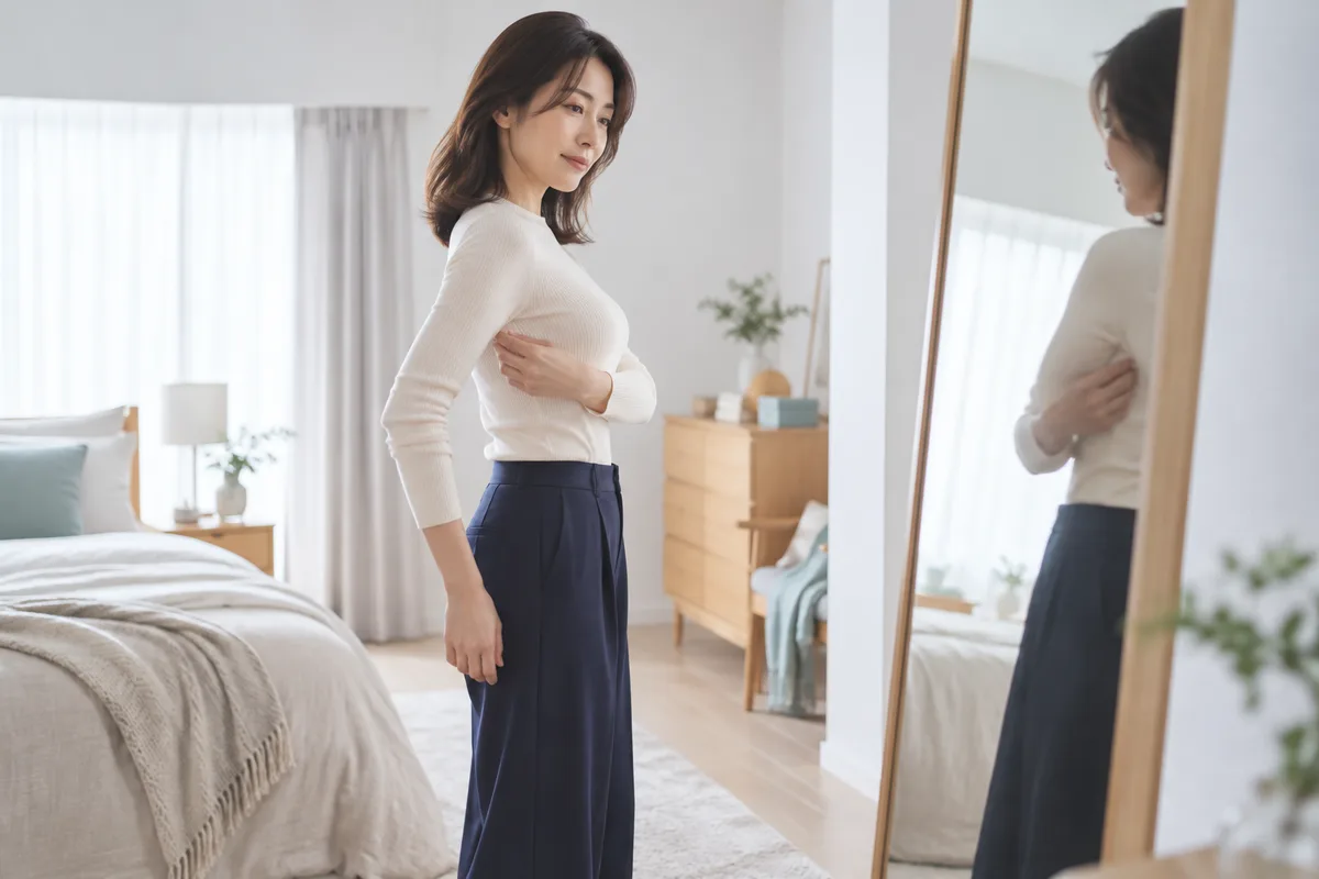 鏡の前で脇まわりのシルエットを確かめる女性