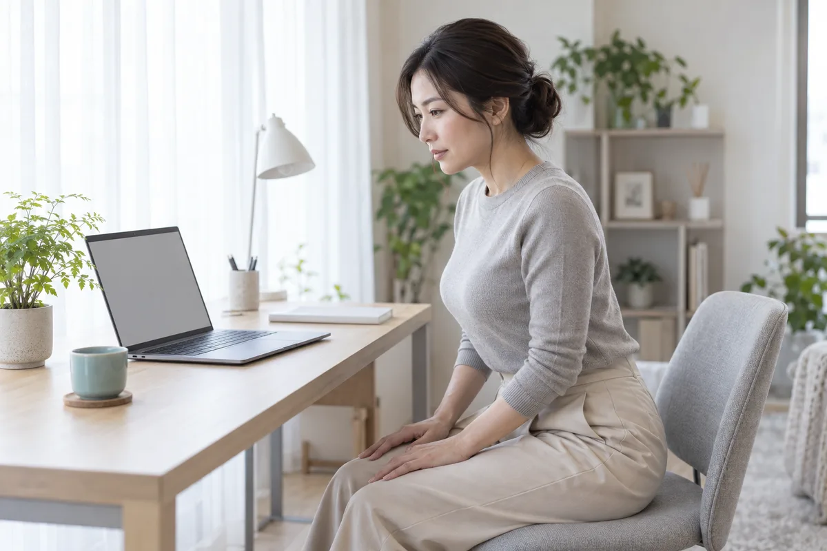 デスクで姿勢を直す女性