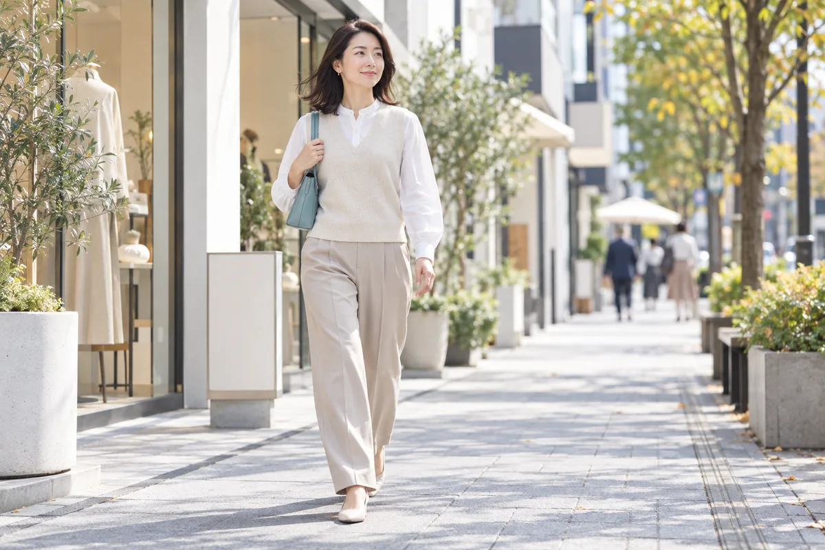 秋の街を軽やかに歩く女性