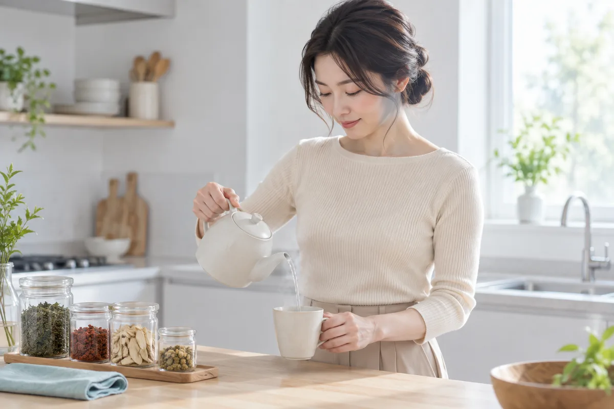 キッチンでティーポットからお茶を注ぐ女性