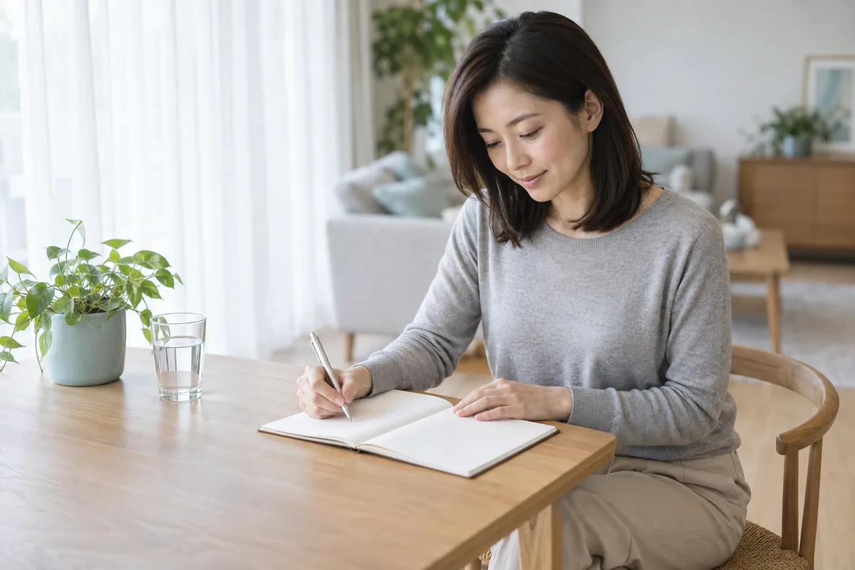 ノートに記録をつける女性