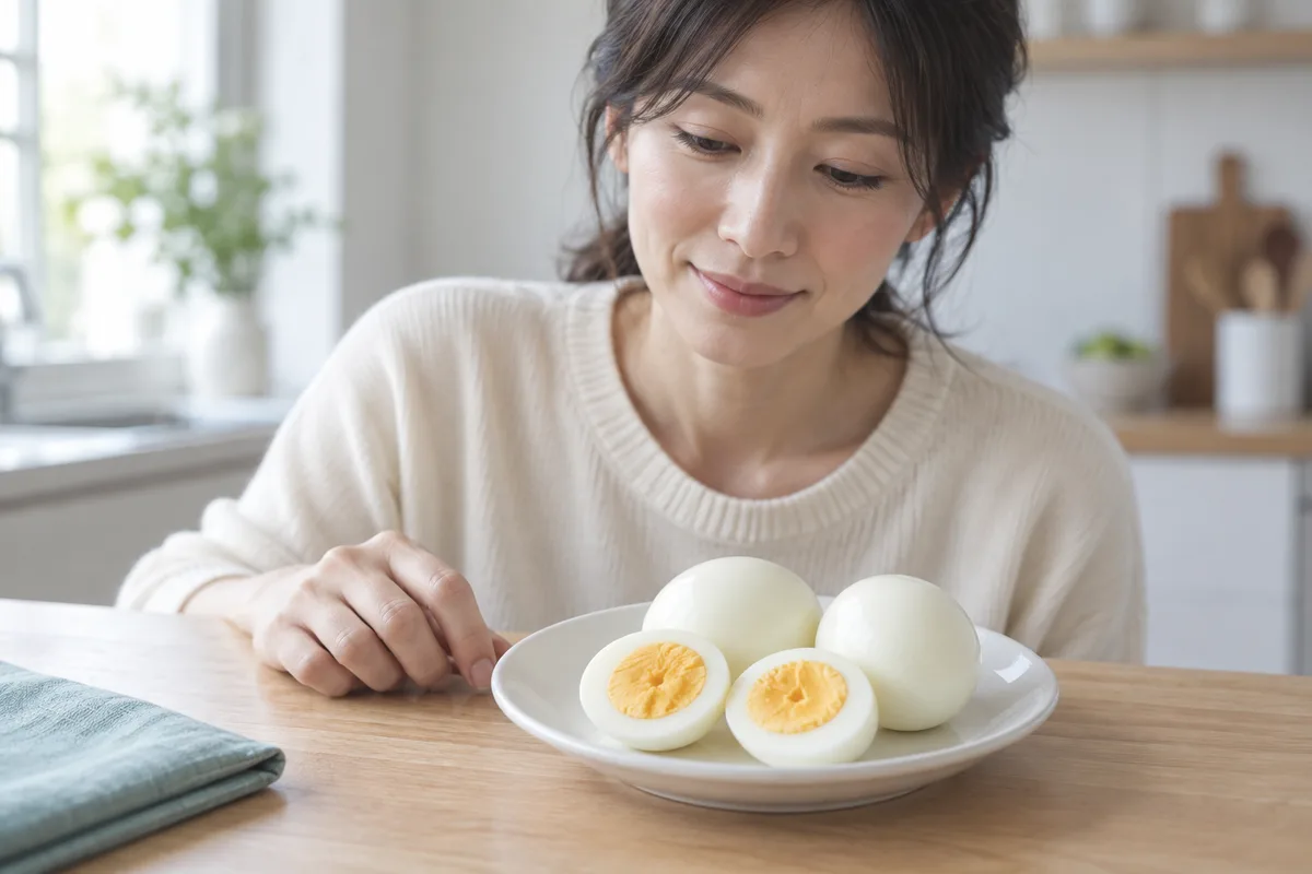 殻をむいたゆで卵を断面が見えるように並べた皿