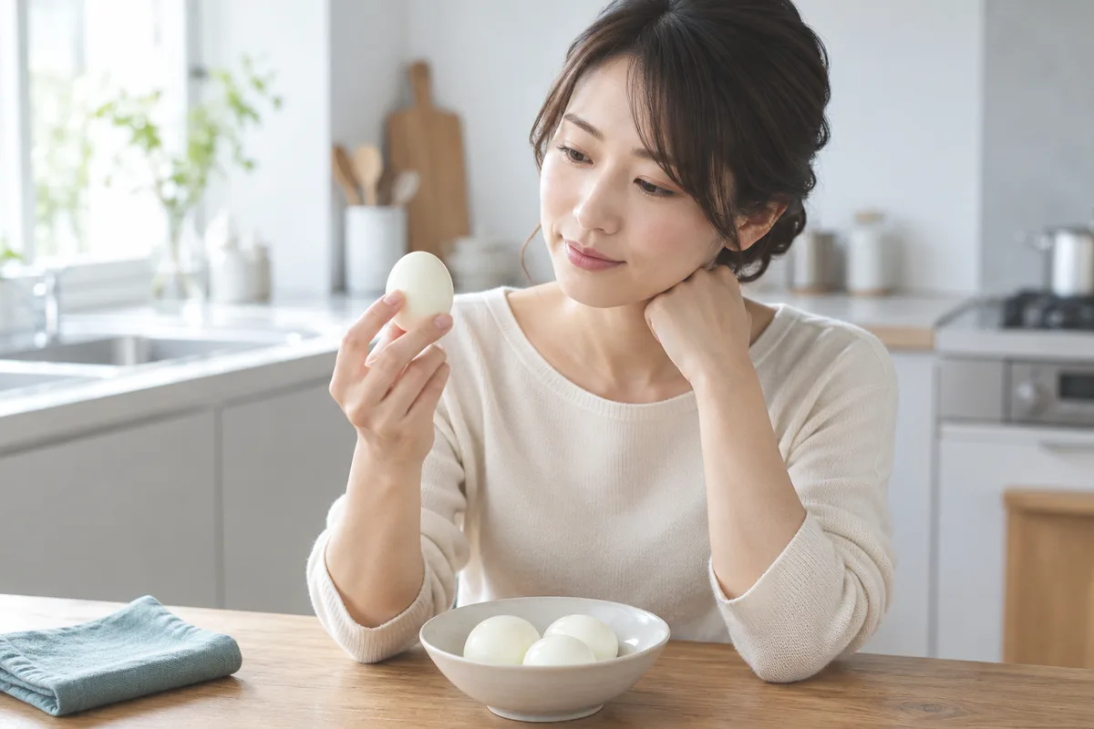 ゆで卵を手に取り個数の目安を考える女性