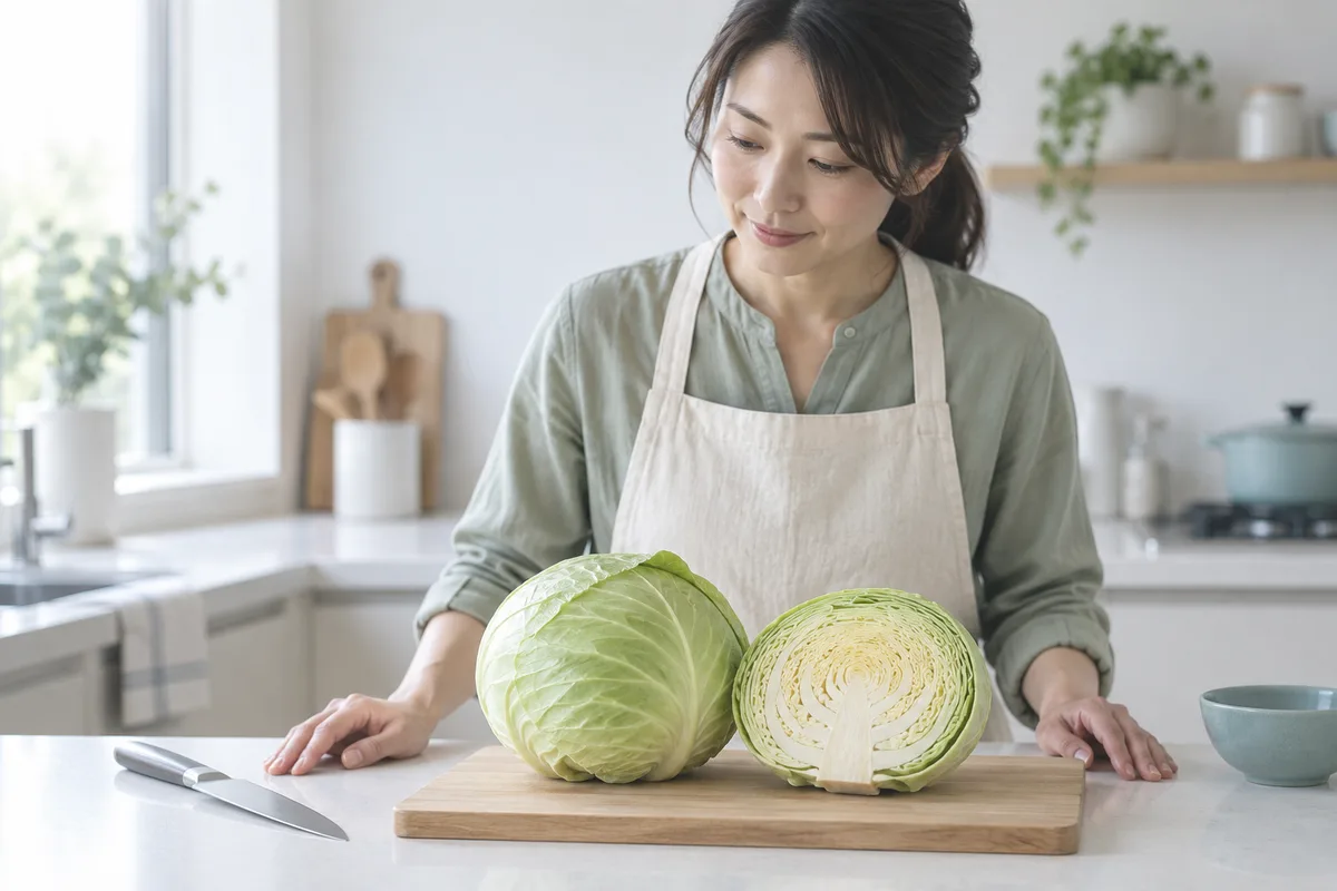 キッチンで丸ごとのキャベツとカットした断面を用意する女性