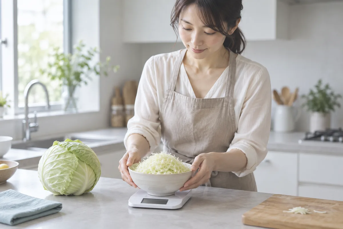 千切りキャベツをキッチンスケールで計量する女性