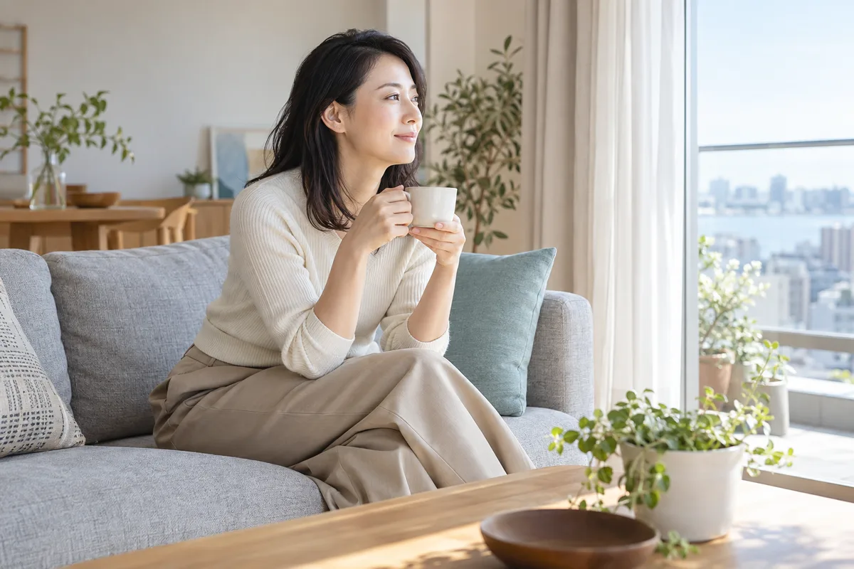 ソファでお茶を飲む女性