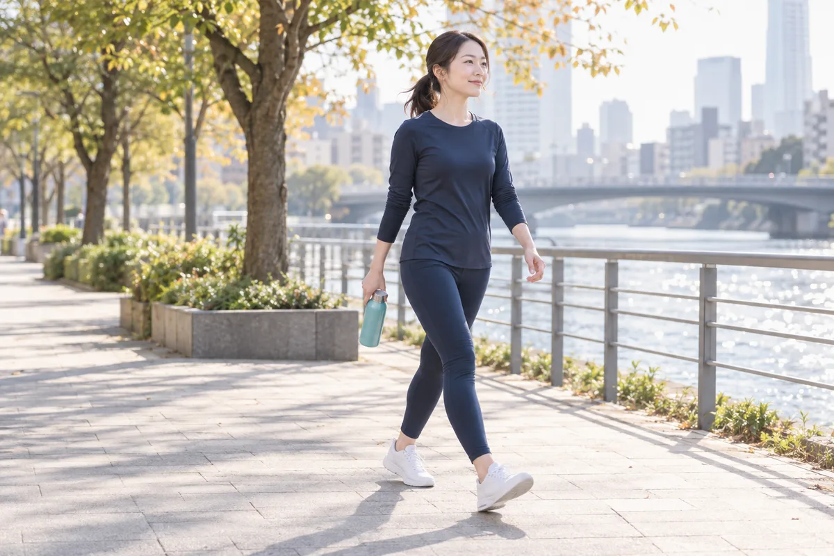 並木道を歩く女性