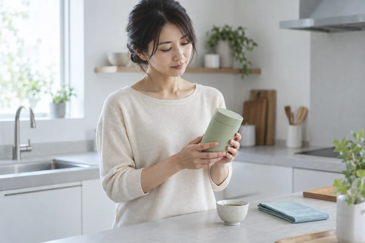 緑茶のパッケージを手に取る女性