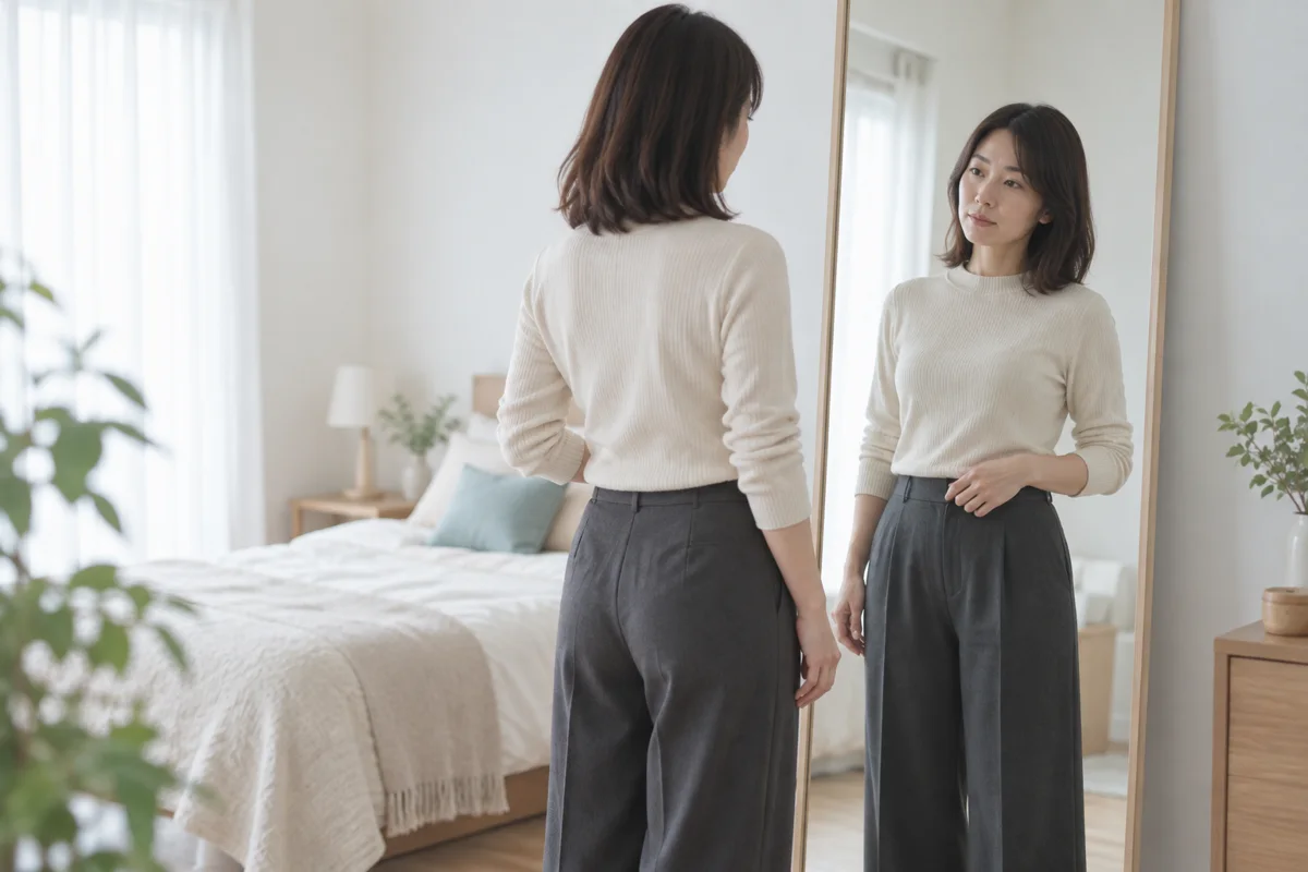 鏡の前で体型の変化を確かめる女性