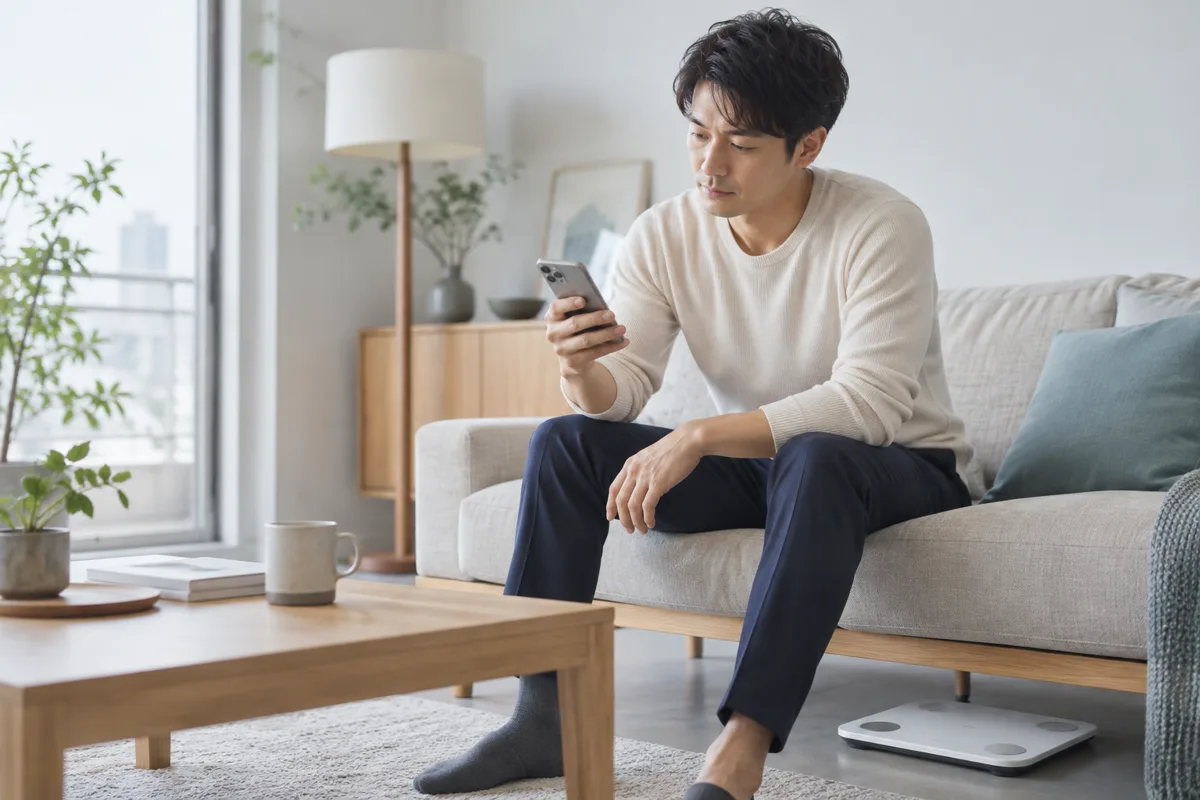 サイトによって違う体脂肪率の目安を見比べる男性