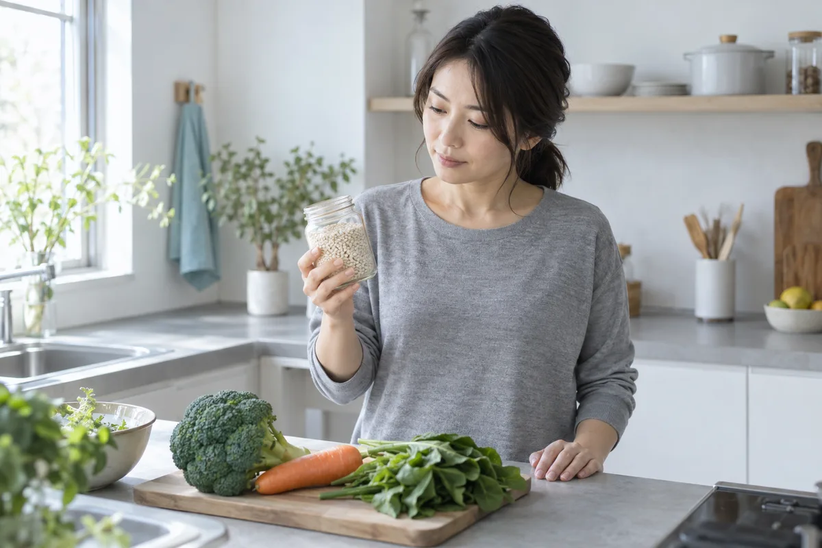 食物繊維を意識して食材を選ぶ女性