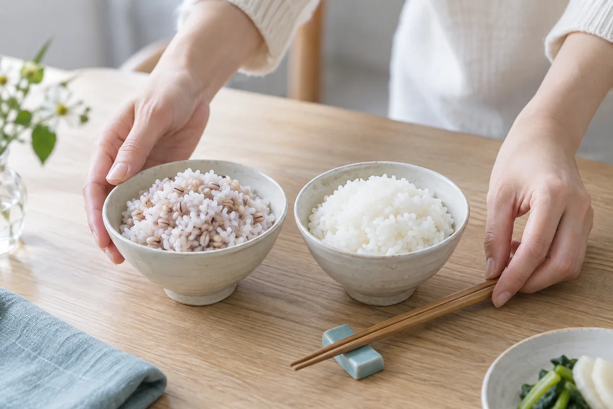 もち麦ごはんと白米を用意する手元
