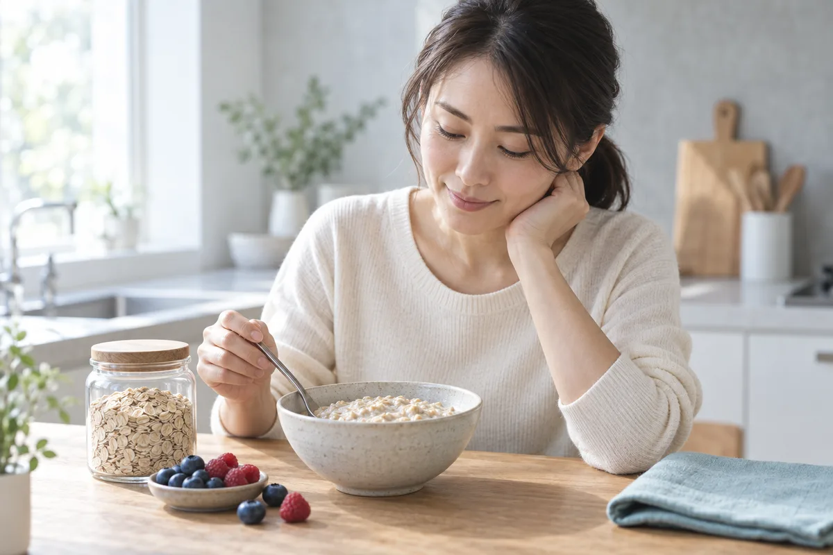 乾燥オートミールと調理したオートミール粥を並べたキッチンの様子