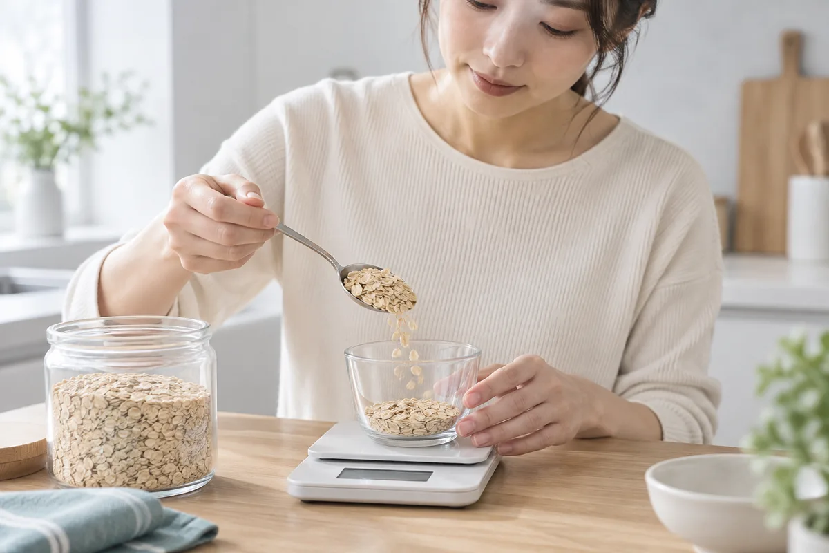 オートミール30gをキッチンスケールで計量する女性