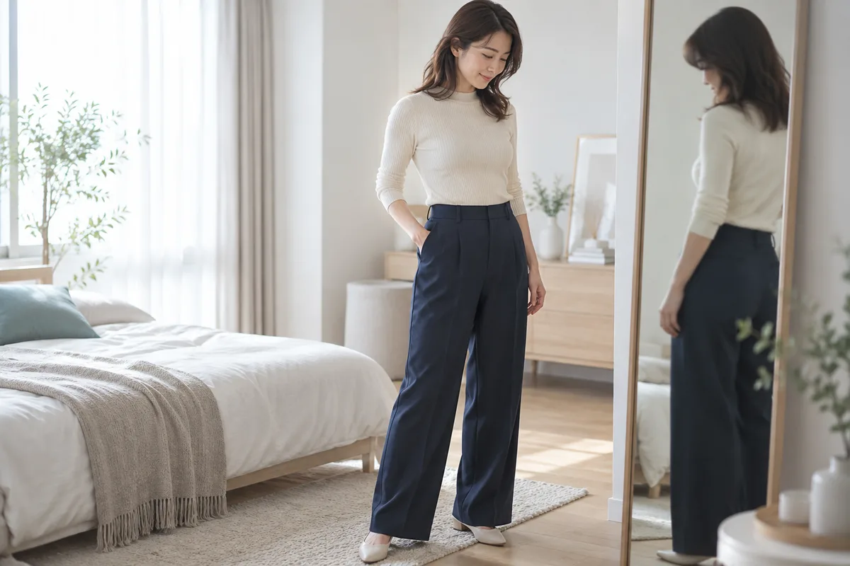 鏡の前で下半身のシルエットを確かめる女性