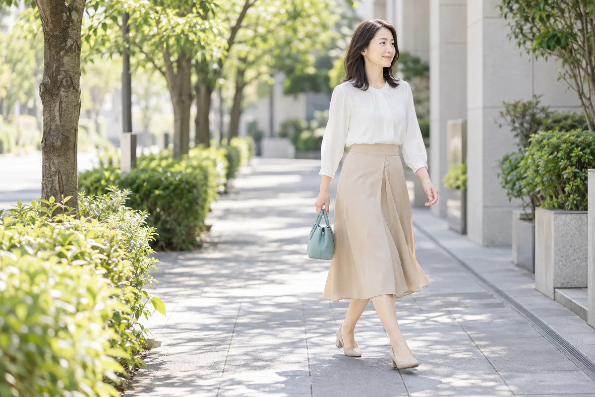 並木道を軽やかに歩く女性