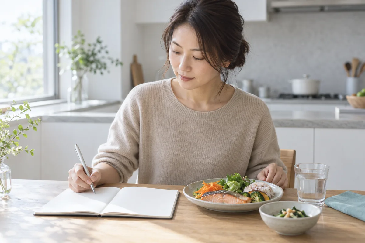 テーブルでノートに食事内容を書き込む女性