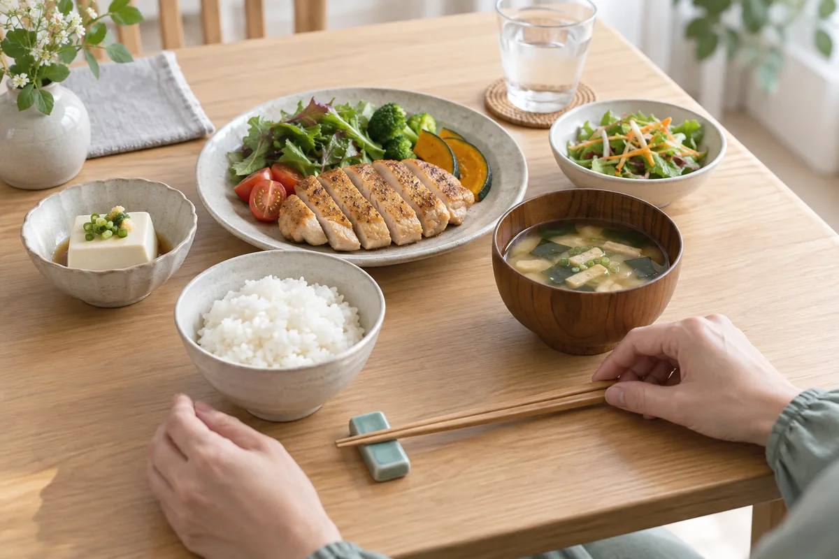 キッチンで野菜を使った食事を用意する女性