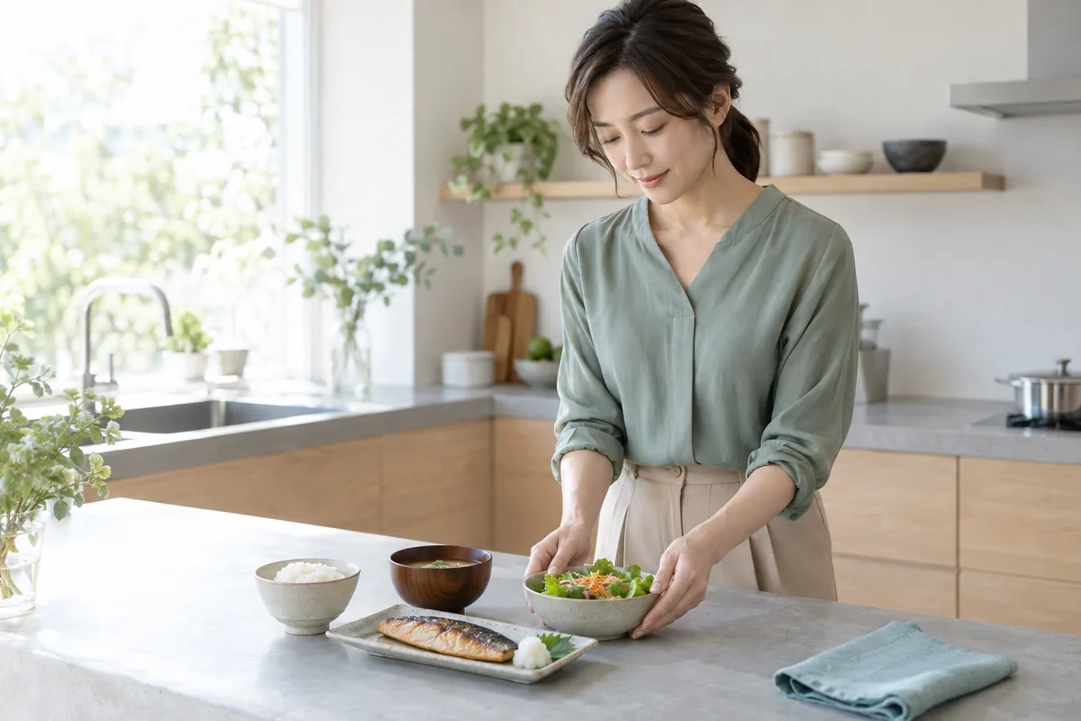 朝の食卓で飲み物を用意する女性