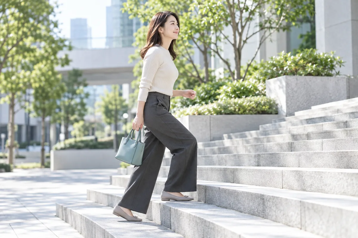 明るい朝の街で階段を軽やかに上る女性