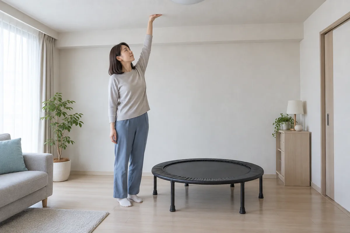 天井までの高さを手で確認するミニトランポリンのそばの女性